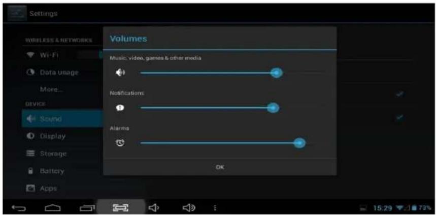 Settings WIRELESS & NETWORKS Wi-Fi Data usage More... DEVICE Sound Display Storage Battery Apps Volumes Music, video, games & other media Notifications Alarms OK 15:29 73%