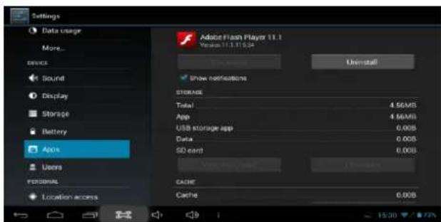 Settings Data Usage More... services Sound Display Storage Battery Apps Users PERSONAL Location access Adobe Flash Player 11.1 Version 11.3.115.24 Show notifications Uninstall STORAGE Total 4.56MS App 4.56MS USB storage app 0.00B Data 0.00B SD card 0.00B CACHE 0.00B Cache 0.00B