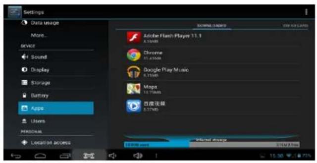Settings Data usage More... voice Sound Display Storage Battery Apps Users PERSONAL Location access ADBE Flash Player 11.1 8.57MB Chrome 81.43MB Google Play Music 8.71MB Maps 16.71MB 百度视频 8.57MB Internet storage 100% free 215MB free