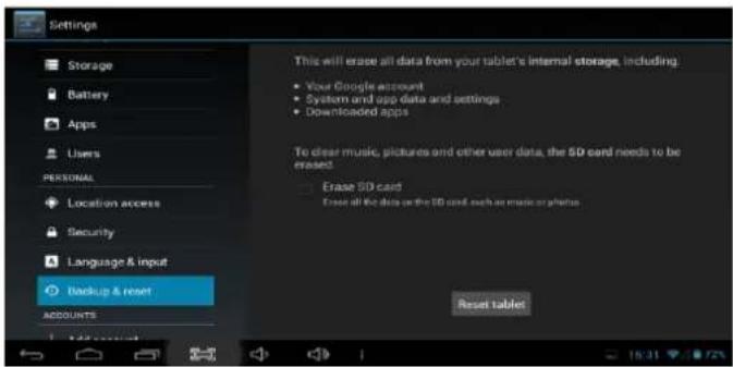 Settings Storage Battery Apps Users PERSONAL Location access Security Language & input Backup & reset ACCOUNTS This will erase all data from your tablet's internal storage, including: - Your Google account - System and app data and settings - Downloaded apps To clear music, pictures and other user data, the SD card needs to be erased. - Erase SD card Erase all the data on the SD card, such as music or photos. Reset tablet