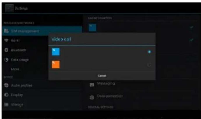 Settings TITLE & ARTWORKS SIM management wi-4i Bluetooth Data usage More... service Audio profiles Display charge Video call Cancel Messaging Data connection GENERAL SETTINGS