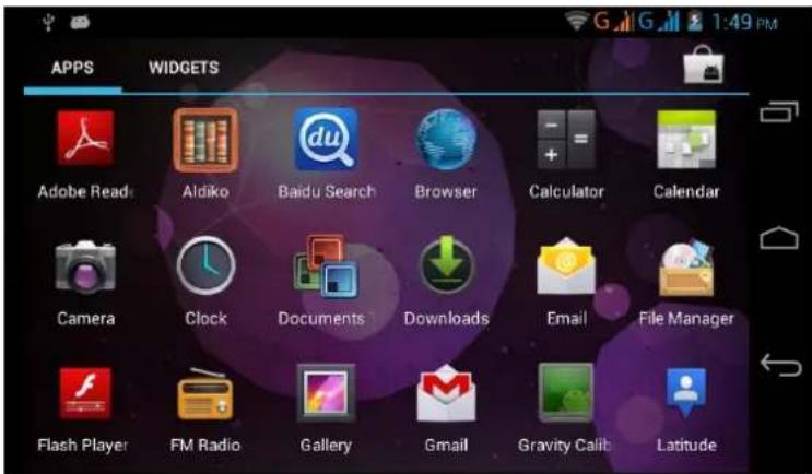 APPS WIDGETS Adobe Read Aldiko Baidu Search Browser Calculator Calendar Camera Clock Documents Downloads Email File Manager Flash Player FM Radio Gallery Gmail Gravity Calib Latitude