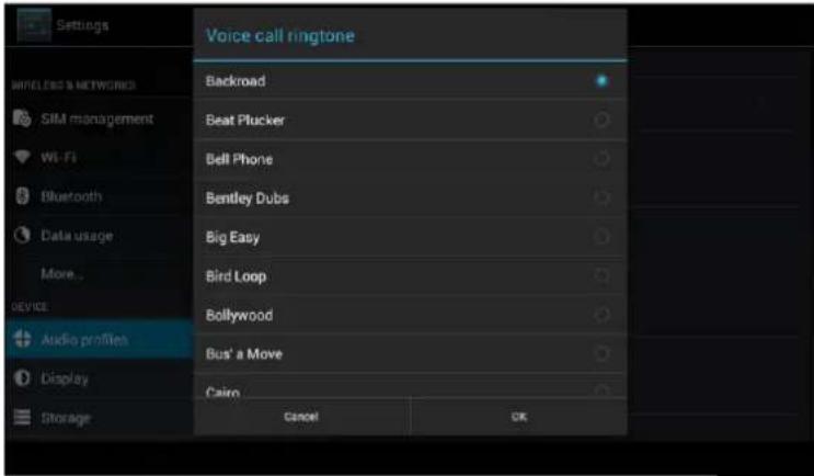 Settings Voice call ringtone Backroad Beat Flucker Bell Phone Bentley Dubs Big Easy Bird Loop Bollywood Bus' a Move Cairo Cancel OK