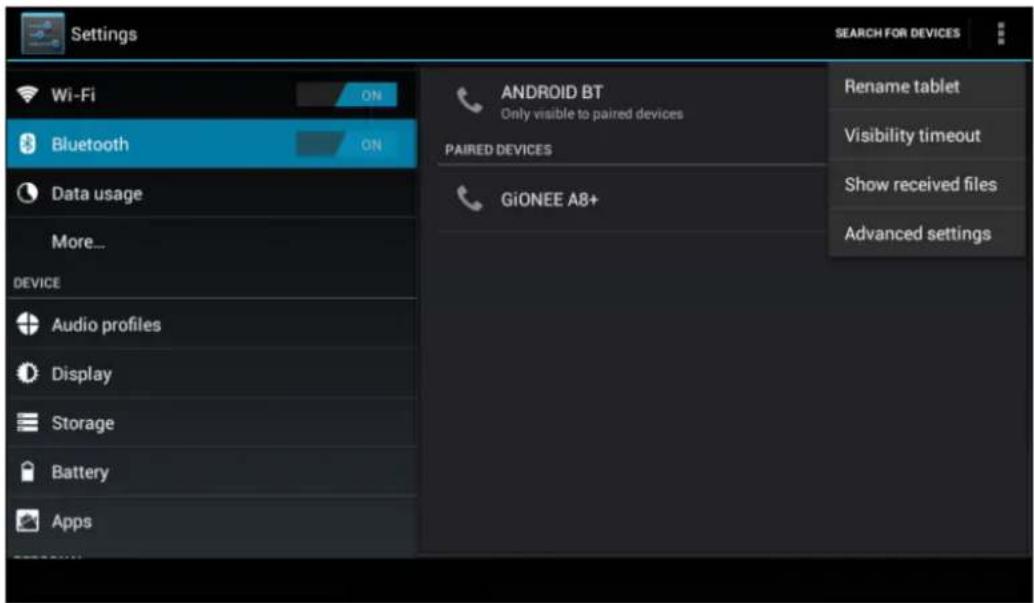 Settings Wi-Fi ON Bluetooth ON Data usage More... DEVICE Audio profiles Display Storage Battery Apps ANDROID BT Only visible to paired devices PAIRED DEVICES GiONEE A8+ Rename tablet Visibility timeout Show received files Advanced settings SEARCH FOR DEVICES