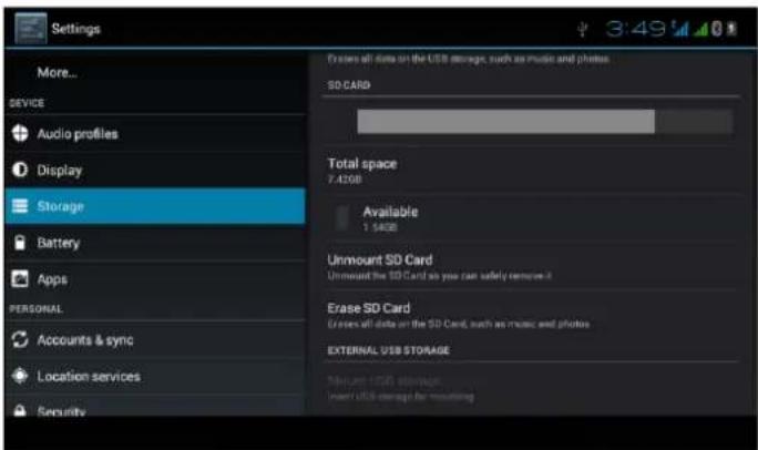 Settings More... DEVICE Audio profiles Display Storage Battery Apps PERSONAL Accounts & sync Location services Security Excess all data on the USB storage, such as music and photos. SD CARD Total space 7.420B Available 1.540B Unmount SD Card Unmount the SD Card as you can safely remove it Erase SD Card Eases will date on the SD Card, such as music and photos EXTERNAL USB STORAGE 36.420 USD Storage Insert USB storage for monitoring