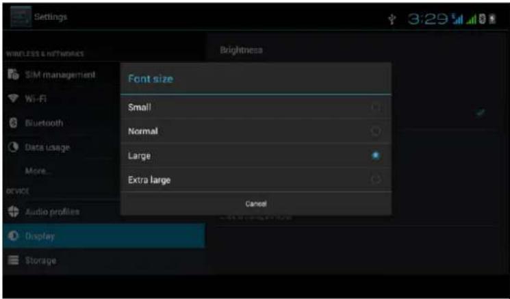 Settings WindLESS & networks Brightness SIM management Wi-Fi Bluetooth Data usage More... Service Audio profiles Display Storage Font size Small Normal Large Extra large Cancel