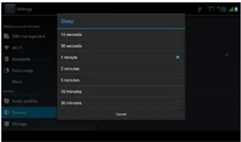 Settings Sleep 15 seconds 30 seconds 1 minute 2 minutes 5 minutes 10 minutes 30 minutes Cancel RELELESS & NETWORKS SIM management Wi-Fi Bluetooth Data usage More... Device Audio profiles Display Storage