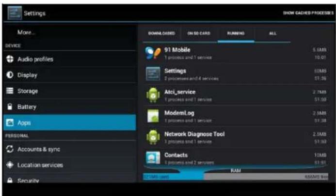 Settings More... DEVICE Audio profiles Display Storage Battery Apps PERSONAL Accounts & sync Location services Security SHOW CACHED PROCESS DOWNLOADS ON ISO CARD RUNNING ALL 91 Mobile 5.5MB 1 process and 1 service 10.01 Settings 6MB 2 processes and 4 services 57.36 Atci_service 2.7MB 1 process and 1 service 57.50 ModemLog 2.5MB 1 process and 1 service 57.38 Network Diagnose Tool 2.5MB 1 process and 1 service 57.30 Contacts 15MB 1 process and 2 services 57.34 RAM 25MB user 450MB Web
