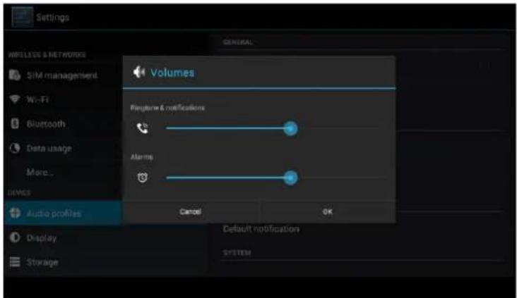 Settings GENERAL Volumes Wireframe & notifications Alarms Cancel OK Default notification system Audio profiles Display Storage