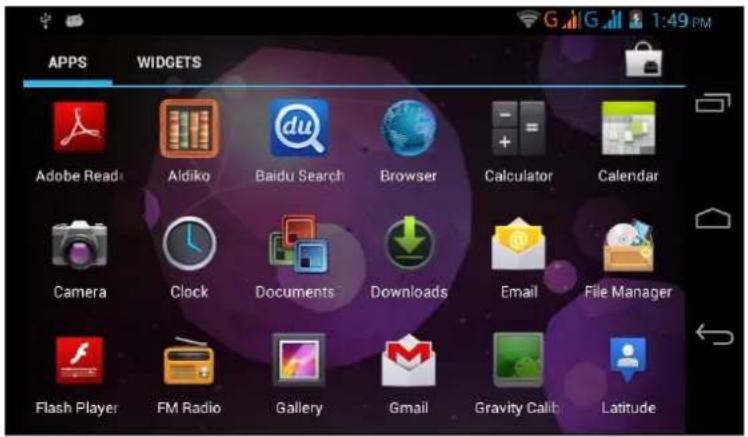 APPS WIDGETS Adobe Read Aldiko Baidu Search Browser Calculator Calendar Camera Clock Documents Downloads Email File Manager Flash Player FM Radio Gallery Gmail Gravity Callib Latitude