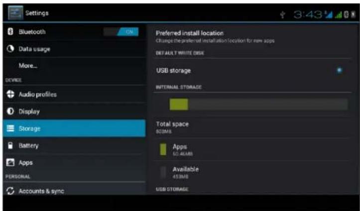 Settings Bluetooth Data usage More... DEVICE Audio profiles Display Storage Battery Apps PERSONAL Accounts & sync Preferred install location Change the preferred installation location for new apps DEFAULT WRITE DISK USB storage INTERNAL STORAGE Total space 503MB Apps 50.46MB Available 453MB USB STORAGE