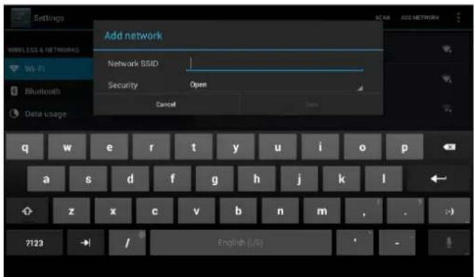 Add network Network SSID Security Open Cancel q w e r t y u i o p a s d f g h j k l z x c v b n m , . 7123 / English (US)