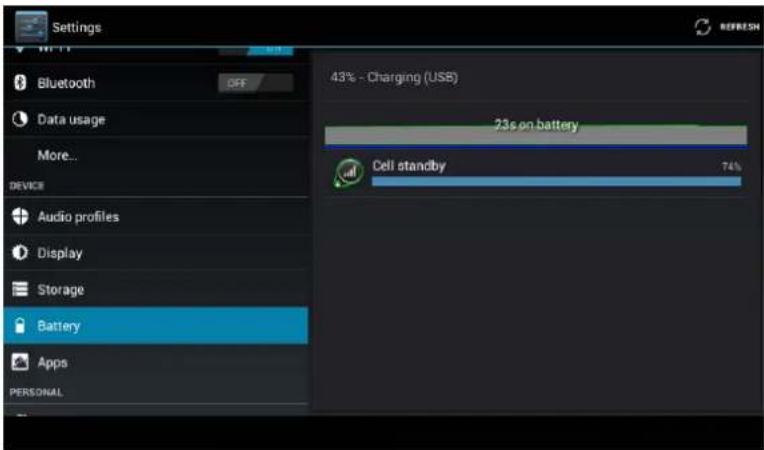 Settings Bluetooth Data usage More... DEVICE Audio profiles Display Storage Battery Apps PERSONAL 43% - Charging (USB) 23s on battery Cell standby 74%