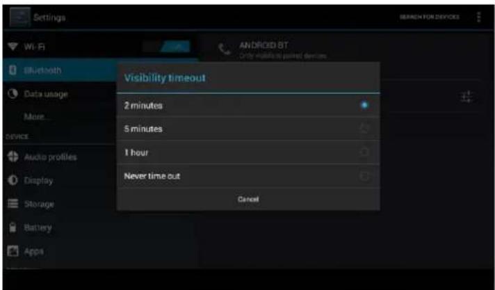Settings Wi-Fi Bluetooth Data usage More... Device Audio profiles Display Storage Battery Apps ANDROID BT Only available to pushed devices Visibility timeout 2 minutes 5 minutes 1 hour Never time out Cancel