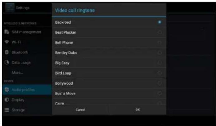Settings Wireless & NETWORKS SIM management Wi-Fi Bluetooth Data usage More... Audio profiles Display Storage Video call ringtone Backroad Beat Plucker Bell Phone Bentley Dubs Big Easy Bird Loop Bollywood Bus' a Move Cairn Cancel OK