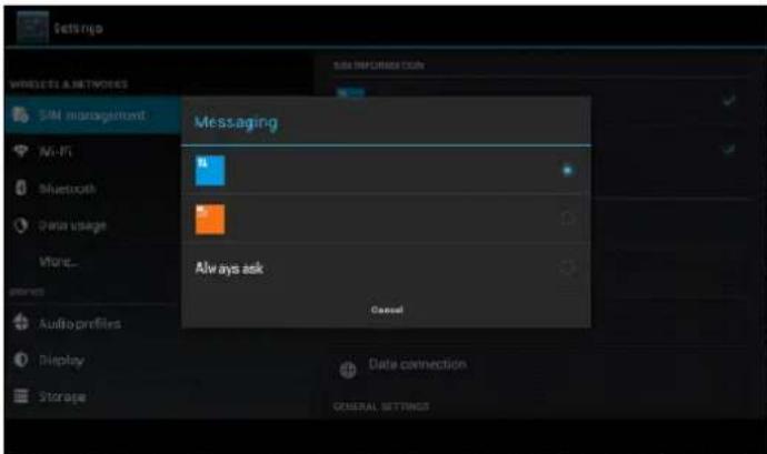 Settings WIRELESS & NETWORKS SIM management NV-FT Bluetooth Data usage More... Internet Audio profiles Display Storage Messaging Always ask General Settings