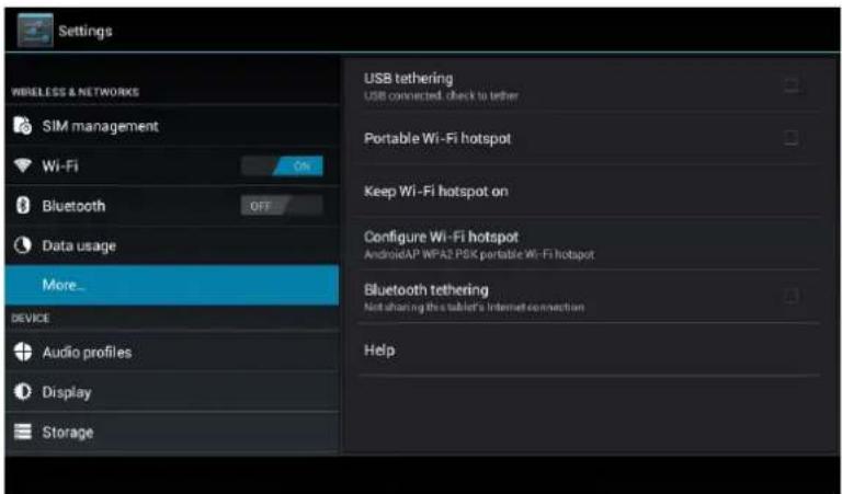Settings WIRELESS & NETWORKS SIM management Wi-Fi Bluetooth Data usage More_ DEVICE Audio profiles Display Storage USB tethering USB connected, check to tether Portable Wi-Fi hotspot Keep Wi-Fi hotspot on Configure Wi-Fi hotspot AndroidAP WPA2 PSK portable Wi-Fi hotspot Bluetooth tethering Not sharing this tablet's Internet connection Help