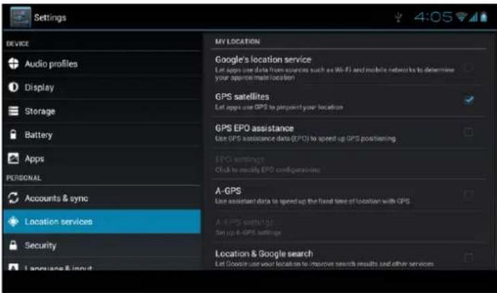 Settings MY LOCATION Google's location service Let apps use data from resources such as Wi-Fi and mobile networks to determine your app/mate location. GPS satellites Let apps use GPS to prevent your location. GPS EPO assistance Use GPS assistance data (EPO) to speed up GPS positioning. EPO settings Click to modify EPO configurations. A-GPS Use assistant data to speed up the fixed time of location with GPS A-EPS settings Set up 4-GPS settings Location & Google search Let Google use your location to improve search results and other services.