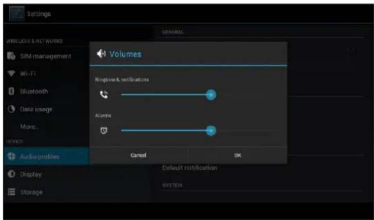 Settings GENERAL WIRELESS & NETWORKS SIM management Wi-Fi Bluetooth Data usage More... voice Audio profiles Display Storage Volumes Rington & notifications Alarms Cancel OK Default notification SYSTEM