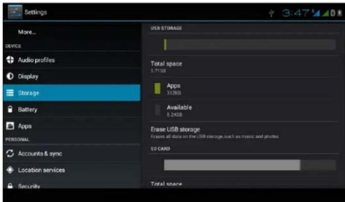 Settings More... DEVICE Audio profiles Display Storage Battery Apps PERSONAL Accounts & sync Location services Security USB STORAGE Total space $ 71 GB Apps 312KB Available $ 24KB Erase USB storage Erase all stores on the USB storage, such as music and photos SD CARD Total space