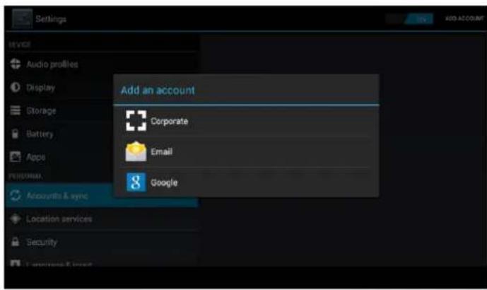 Add an account Corporate Email Google Accessories & sync Location services Security