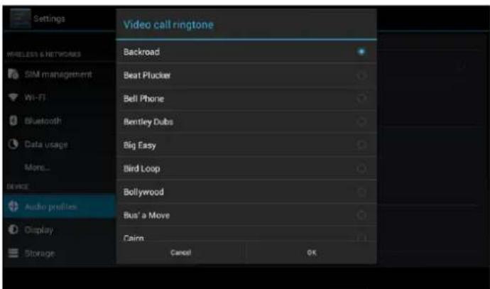Settings Wireless & NETWORKS SIM management Wi-Fi Bluetooth Data usage More... Device Audio profiles Display Storage Video call ringtone Backroad Beat Plucker Bell Phone Bentley Dubs Big Easy Bird Loop Bollywood Bus' a Move Cairo Cancel OK
