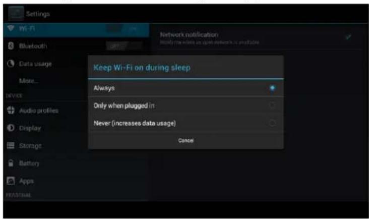 Settings Wi-Fi Bluetooth Data usage More... Device Audio profiles Display Storage Battery Apps READSIAL Network notification Modify how wireless an open network is appropriate Keep Wi-Fi on during sleep Always Only when plugged in Never (increases data usage) Cancel