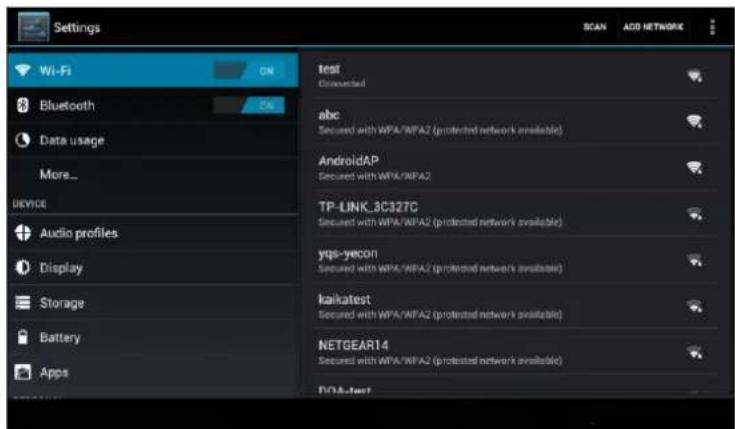 Settings Wi-Fi Bluetooth Data usage More_ DEVICE Audio profiles Display Storage Battery Apps Test Connected abc Secured with WPA/WPA2 (protected network available) AndroidAP Secured with WPA/WPA2 TP-LINK_8C327C Secured with WPA/WPA2 (protected network available) yqs-yecon Secured with WPA/WPA2 (protected network available) kaikatest Secured with WPA/WPA2 (protected network available) NETGEAR14 Secured with WPA/WPA2 (protected network available) DQA-test
