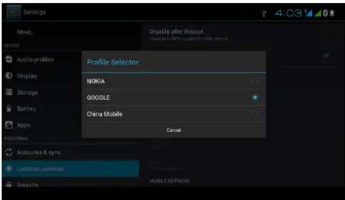 Settings More... Open Audio profiles Display Storage Battery Apps Profile Selector NOKIA GOOGLE China Mobile Cancel Accounts & sync Location services Sensitivity Disable after I/O/IOC Double 4-GPS creation by after session MOBILE NETWORK