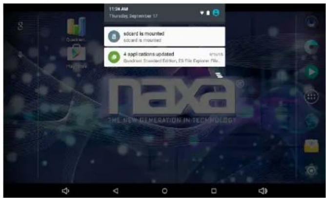 11:04 AM Thursday, September 17 sdcard is mounted sdcard is mounted 4 applications updated Quadinet Standard Edition, ES File Explorer File. naxa® THE NEW GENERATION IN TECHNOLOGY