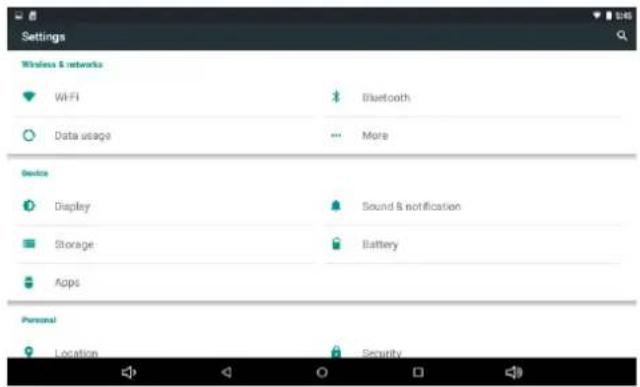 Settings Wireless & networks WiFi Bluetooth Data usage More Device Display Sound & notification Storage Battery Apps Personal Location Security