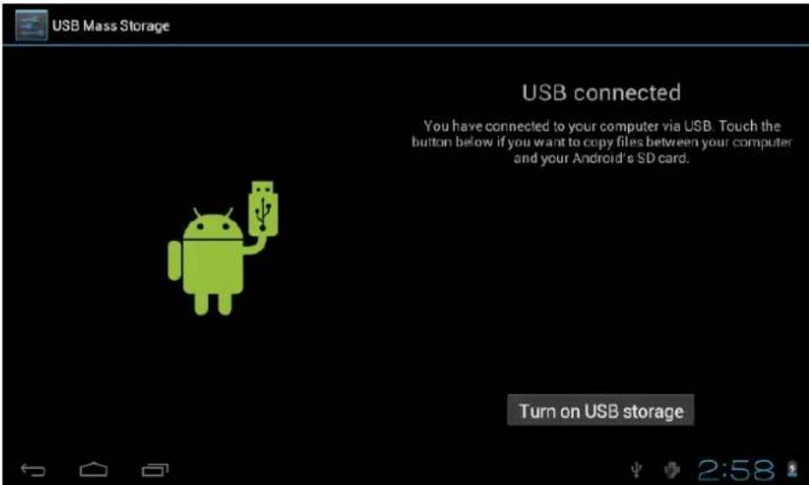 USB Mass Storage USB connected You have connected to your computer via USB. Touch the button below if you want to copy files between your computer and your Android's SD card. Turn on USB storage