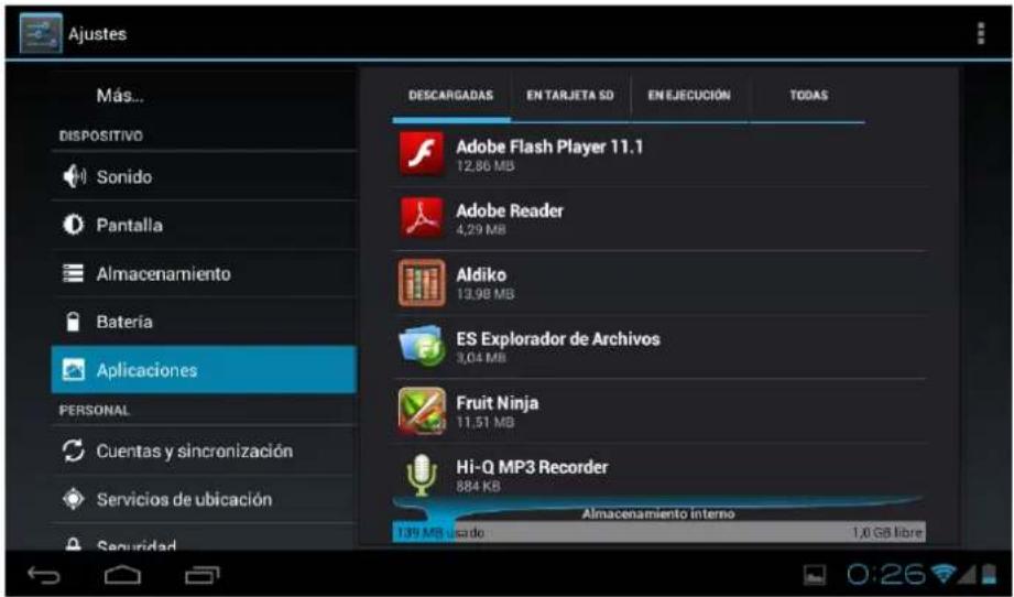 Ajustes Más... DISPOSITIVO Sonido Pantalla Almacenamiento Batería Aplicaciones PERSONAL Cuentas y sincronización Servicios de ubicación Seguridad DESCARGADAS EN TARJETA SD EN EJECUCIÓN TODAS Adobe Flash Player 11.1 12,86 MB Adobe Reader 4,29 MB Aldiko 13,98 MB ES Explorador de Archivos 3,04 MB Fruit Ninja 11,51 MB Hi-Q MP3 Recorder 884 KB Almacenamiento interno 139 MB sido 1,0 GB libre