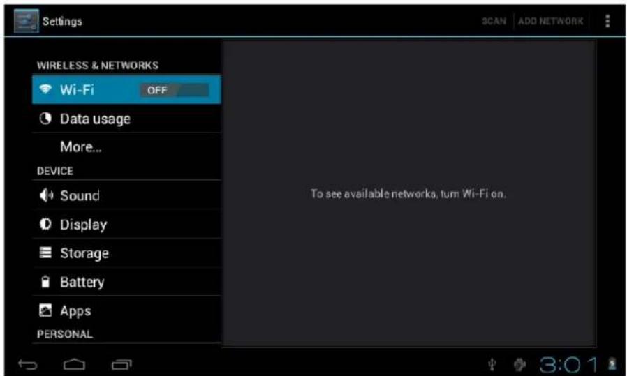 Settings WIRELESS & NETWORKS Wi-Fi OFF Data usage More... DEVICE Sound Display Storage Battery Apps PERSONAL To see available networks, turn Wi-Fi on.