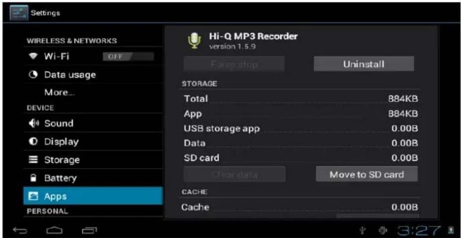 Settings WIRELESS & NETWORKS Wi-Fi OFF Data usage More... DEVICE Sound Display Storage Battery Apps PERSONAL Hi-Q MP3 Recorder version 1.5.9 Forge setup Uninstall STORAGE Total 884KB App 884KB USB storage app 0.00B Data 0.00B SD card 0.00B Clear data Move to SD card CACHE Cache 0.00B