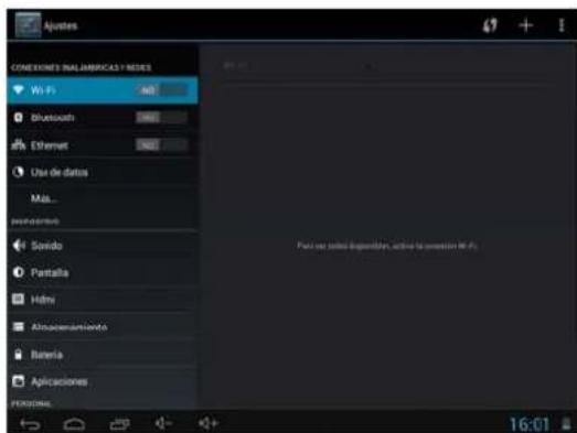 Ajustes CONEXIONS NALAMERICAS Y MODES Wi-Fi Bluetooth Ethernet Use de datos Más... Sonstemas Sondo Pantella HDMI Abraecamiento Berenia Aplicaciones PERSONAL Para use todos disponibles, active la producción de Wi-Fi 16:01