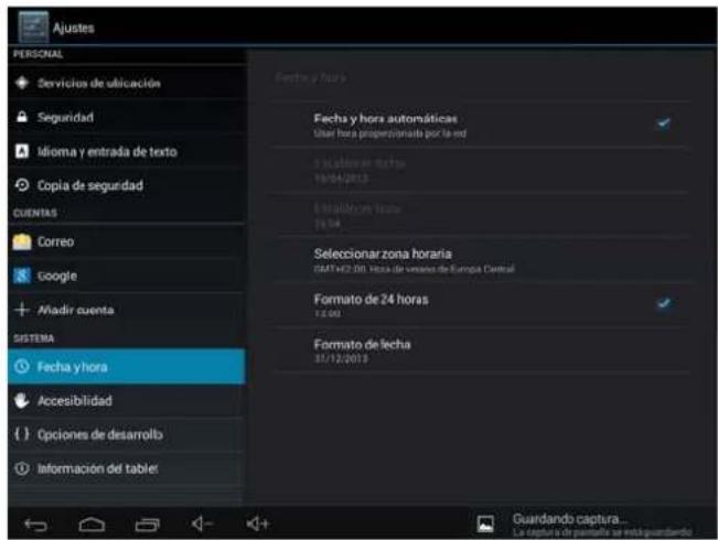 Ajustes PERSONAL Servicios de ubicación Seguridad Idioma y entrada de texto Copia de seguridad CUENTAS Correo Google Aladir cuenta SISTEMA Fecha y hora Accesibilidad Opciones de desarrollo Información del tablet Fecha y hora automáticas User hora properamente por la end 6.10.2024 horas 19/04/2013 6.10.2024 horas 19/04 Seleccionar zona horaria GMT x 201. Vasa de veces de Europa Central Formato de 24 horas 12:00 Formato de fecha 01/12/2013 Guardando captura... La captura de partilla se insta guardando