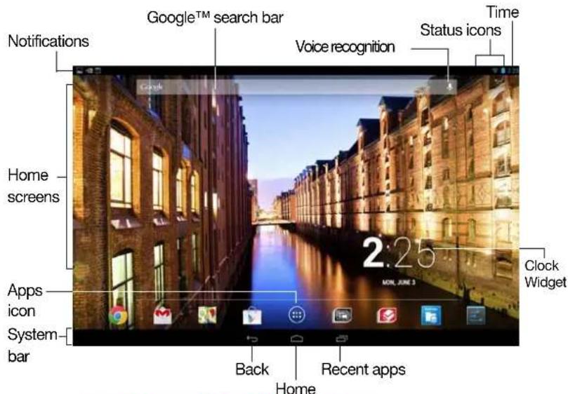 Notifications Google™ search bar Voice recognition Status icons Time Home screens 2:25 MON. JUNE 3 Clock Widget Apps icon System bar Back Home Recent apps