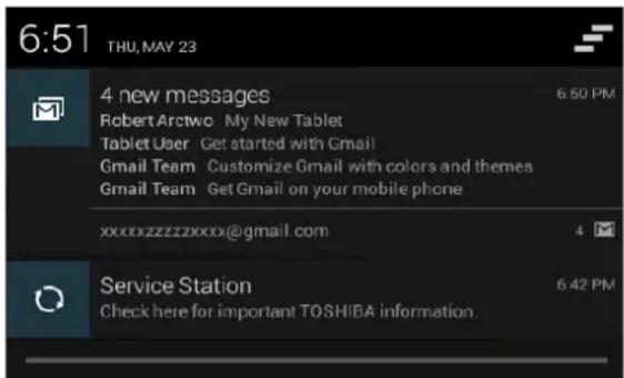 6:51 THU, MAY 23 4 new messages Robert Arctwo My New Tablet Tablet User Get started with Gmail Gmail Team Customize Gmail with colors and themes Gmail Team Get Gmail on your mobile phone xxxxzzzzxxxx@gmail.com 4 Service Station Check here for important TOSHIBA information. 6:42 PM