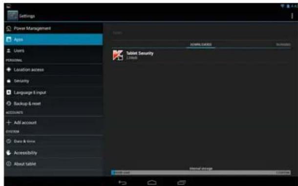 Settings Power Management Apps Users PERSONAL Location access Security Language & Input Backup & Reset ACCOUNTS Add account SYSTEM Data & Time Accessibility About tablet System LAGERS Tablet Security Internal Storage
