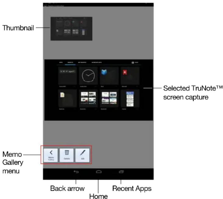 Thumbnail Selected TruNote™ screen capture Memo Gallery menu Back arrow Home Recent Apps