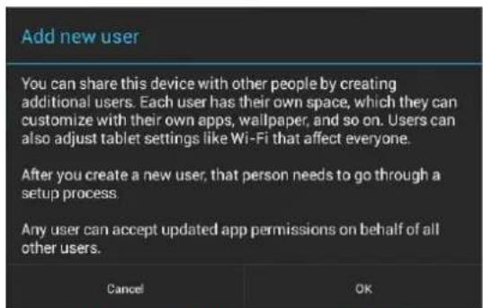 Add new user You can share this device with other people by creating additional users. Each user has their own space, which they can customize with their own apps, wallpaper, and so on. Users can also adjust tablet settings like Wi-Fi that affect everyone. After you create a new user, that person needs to go through a setup process. Any user can accept updated app permissions on behalf of all other users. Cancel OK