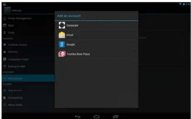 Add an account Corporate Email Google Toshiba Book Place Add password ? Microsoft Units & home Accessibility About table