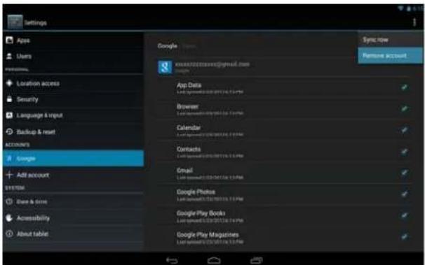 Settings Apps Users Properties Location access Security Language A input Backup & reset ACCOUNTS Google Add account SYSTEM Share & drive Accessibility About table Google Synchow Remove account App Data LAD software: 0.0174.15.16 PM Browser LAD software: 0.0174.15.16 PM Calendar LAD software: 0.0174.15.16 PM Contacts LAD software: 0.0174.15.16 PM Email LAD software: 0.0174.15.16 PM Google Printout LAD software: 0.0174.15.16 PM Google Play Book LAD software: 0.0174.15.16 PM Google Play Magazines LAD software: 0.0174.15.16 PM