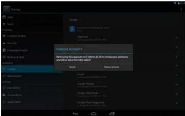 Remove account? Removing this account will delete all of its messages, contacts, and other data from the tablet! Cancel Remove account