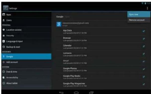 Settings Apps Users PERSONAL Location access Security Language & Input Backup & next ACCOUNTS Google Add account System Date & time Accessibility About table Google Google Play Book Google Play Magazines Google Data Last opened: 10/08/2017.12 PM Binary Last opened: 10/08/2017.12 PM Calendar Last opened: 10/08/2017.12 PM Contacts Last opened: 10/08/2017.12 PM Email Last opened: 10/08/2017.12 PM Google Playbox Last opened: 10/08/2017.12 PM Google Play Books Last opened: 10/08/2017.12 PM Google Play Magazines Last opened: 10/08/2017.12 PM Sync now Remove account