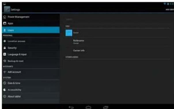 Settings Power Management App Users POSTS Location access Security Language & input Backup & reset ACCOUNTS Add account System Date & time Accessibility About tablet YOU Begin Nordname Grid Center info OTHER USERS