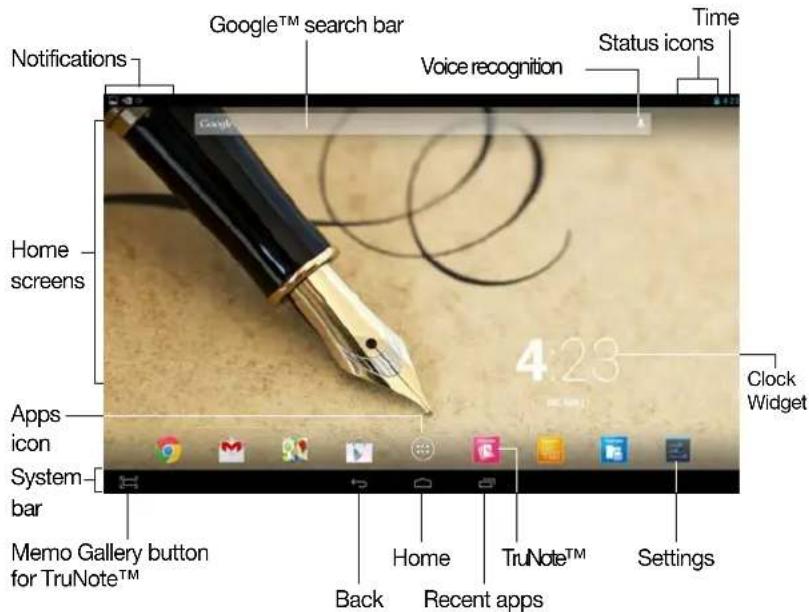 Notifications Google™ search bar Voice recognition Status icons Time Home screens Apps icon System bar Memo Gallery button for TruNote™ Back Home TruNote™ Settings Clock Widget