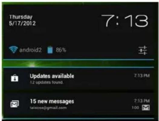 Thursday 5/17/2012 7:13 android2 86% Updates available 12 updates found. 15 new messages taioose@gmail.com 7:13 PM 7:13 PM 100