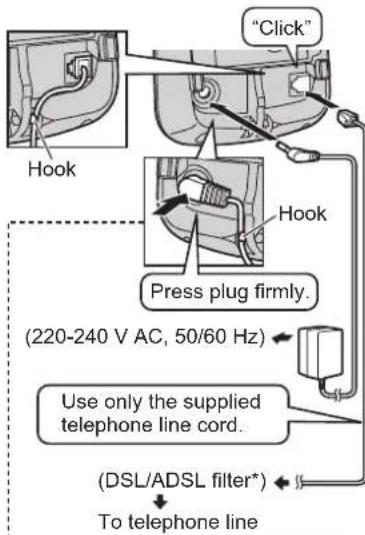 "Click" Hook Hook Press plug firmly. (220-240 V AC, 50/60 Hz) Use only the supplied telephone line cord. (DSL/ADSL filter*) To telephone line